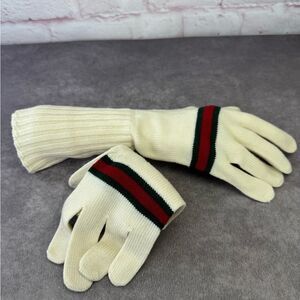 Gucci Lambs Wool Cream Knit Web Stripe Gloves Medium
